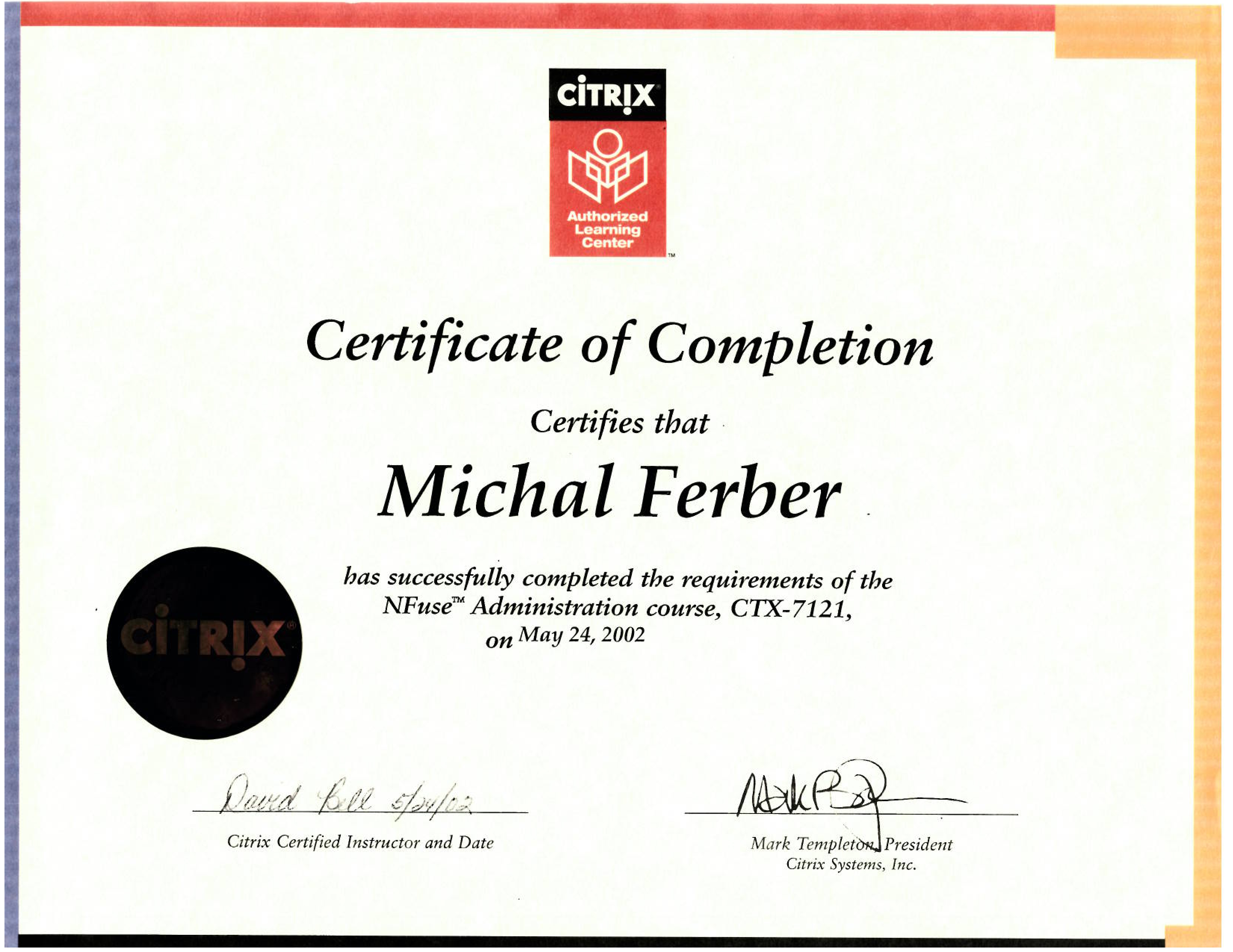 2002 05 24 Citrix Certificate NFuse Administrator